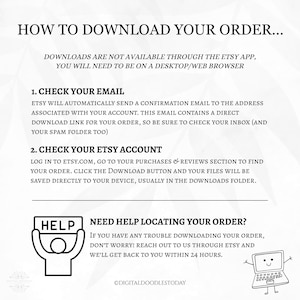 Op de afbeelding: Een instructieve afbeelding met de titel HOW TO DOWNLOAD YOUR ORDER. Het legt uit dat downloads niet beschikbaar zijn via de Etsy-app en biedt twee stappen: controleer uw e-mail voor een link of log in op Etsy.com voor uw bestellingen.