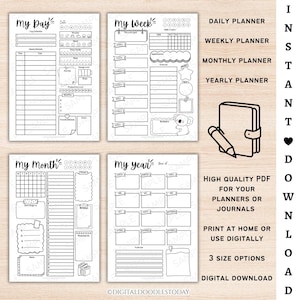 May include: Four black and white printable planner pages featuring My Day, My Week with a koala illustration, My Month, and My Year templates. The text includes Daily Planner, Weekly Planner, Monthly Planner, Yearly Planner, and Instant Download.