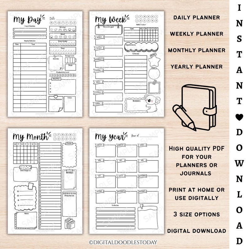 May include: Four black and white printable planner pages featuring My Day, My Week with a koala illustration, My Month, and My Year templates. The text includes Daily Planner, Weekly Planner, Monthly Planner, Yearly Planner, and Instant Download.
