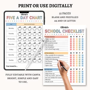 May include: Digital printable charts for kids, including a "Five a Day Chart" and a "School Checklist." The charts are designed with colorful pastel accents and are fully editable with Canva. The image shows a tablet and a printed page.