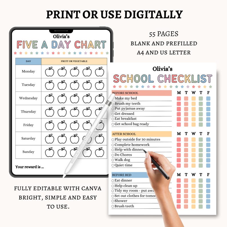 May include: Digital printable charts for kids, including a "Five a Day Chart" and a "School Checklist." The charts are designed with colorful pastel accents and are fully editable with Canva. The image shows a tablet and a printed page.