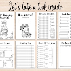May include: A black and white journal spread with the text "Let's take a look inside." Pages include "Book Reading Journal," "This Journal Belongs To," "Reading Tracker," "Book Reviews," "Book Review," "Reading Log," "Book Of The Year," and "Reading Goals."