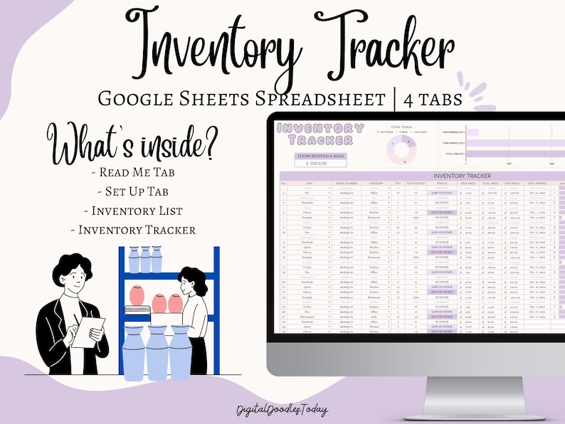 May include: A computer screen displaying a Google Sheets spreadsheet with four tabs: "Read Me", "Set Up", "Inventory List", and "Inventory Tracker". The spreadsheet is designed to help track inventory. The image also shows a cartoon illustration of a person taking inventory.