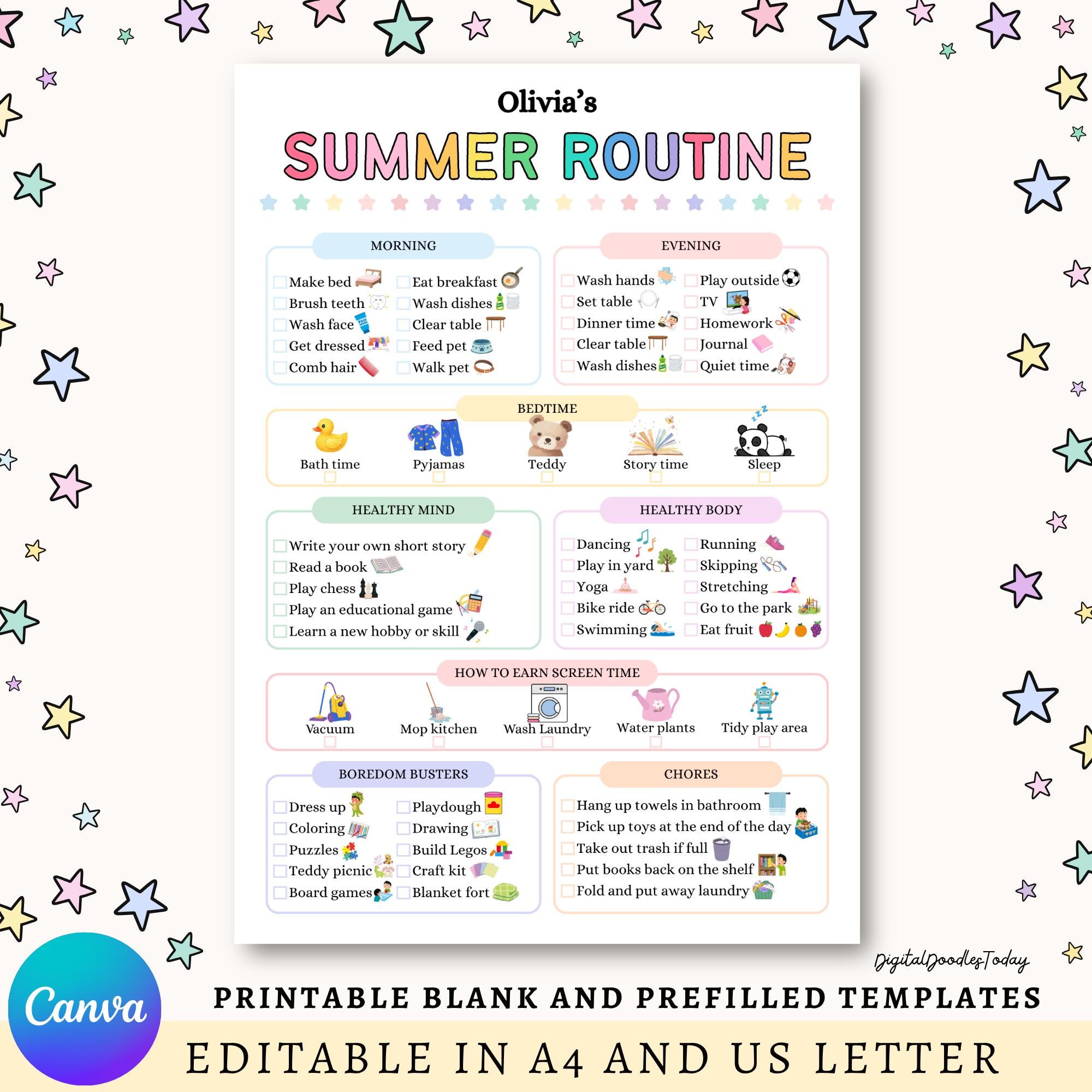 Summer Routine Blank Editable Summer Daily Routine Kids | Summer Chore Chart Schedule ...