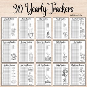 2026 Bullet Journal-trackers, ongedateerd, jaarlijkse trackersbundel, BUJO-planner met doodles om het hele jaar door in te kleuren en doelen bij te houden