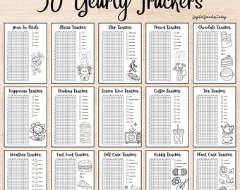 2026 Bullet Journal Trackers, Undated, Yearly trackers bundle, BUJO Planner with doodles to color and track goals around the year
