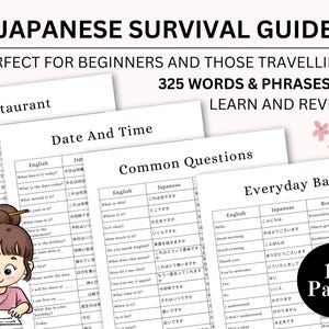 Pode incluir: Um Guia de Sobrevivência Japonês com o texto "PERFECT FOR BEGINNERS AND THOSE TRAVELLING! 325 WORDS & PHRASES TO LEARN AND REVIEW". O guia inclui seções sobre restaurantes, datas, horários, perguntas comuns e noções básicas do dia a dia. 15 páginas.
