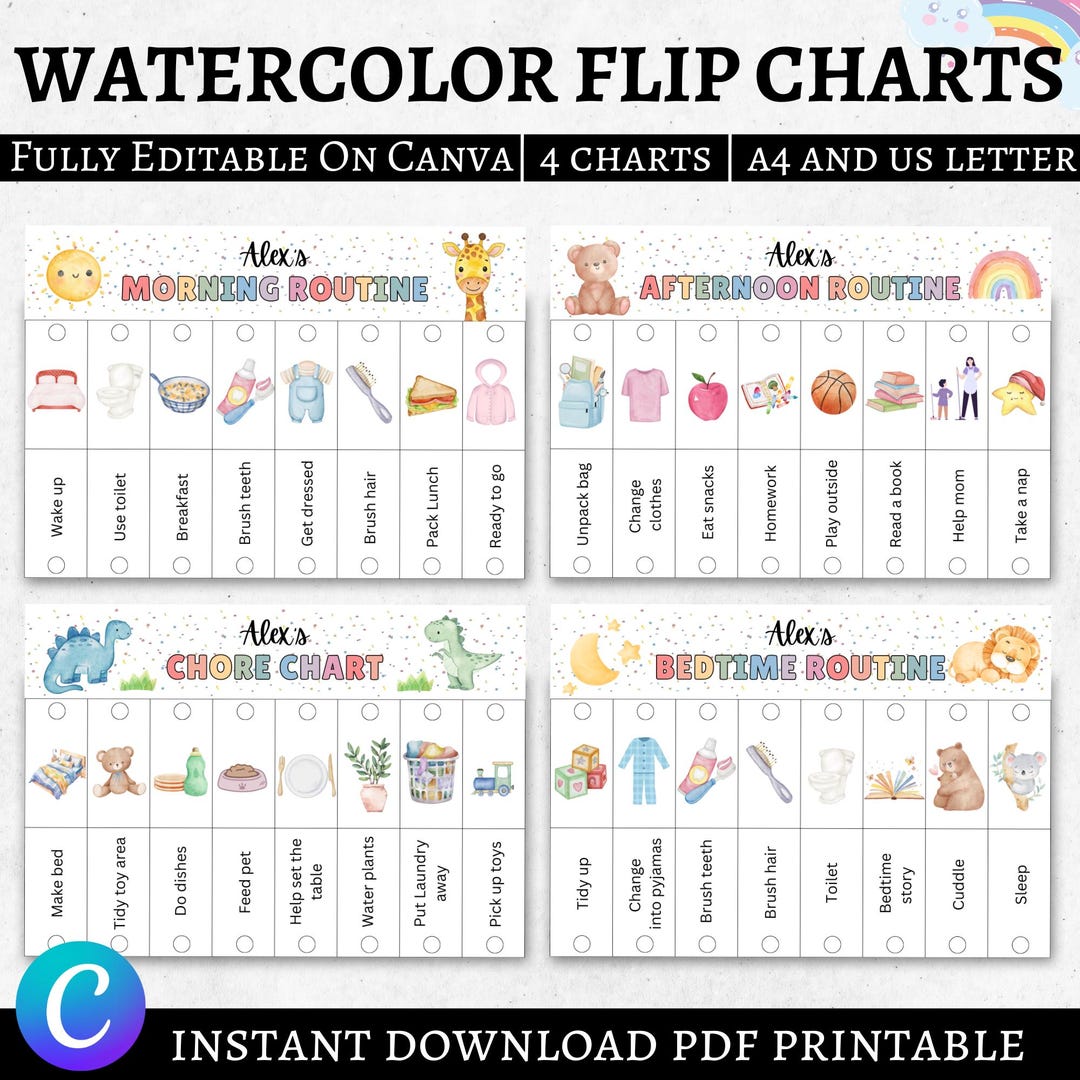 Kids Flip Routine Chart Editable Printable, Morning Evening Bedtime ...