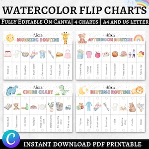 May include: Watercolor flip charts with morning, afternoon, chore, and bedtime routines. Each chart features illustrated icons and the text "Alex's" at the top. The charts are fully editable on Canva and available in A4 and US Letter sizes.