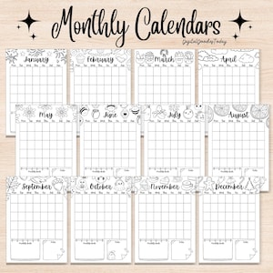 12 Month Calendar, Journal Calendar Template, Monthly Planner, PRINTABLE Calendar, Printable Planner Page, Journal Page, Bullet Journal 2026