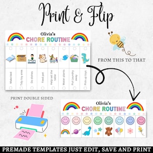 May include: A colourful chore chart template featuring the text "Olivia's Chore Routine" and a rainbow design. The chart includes tasks such as making the bed and tidying toys. The image also shows a printer and the words "Print & Flip".