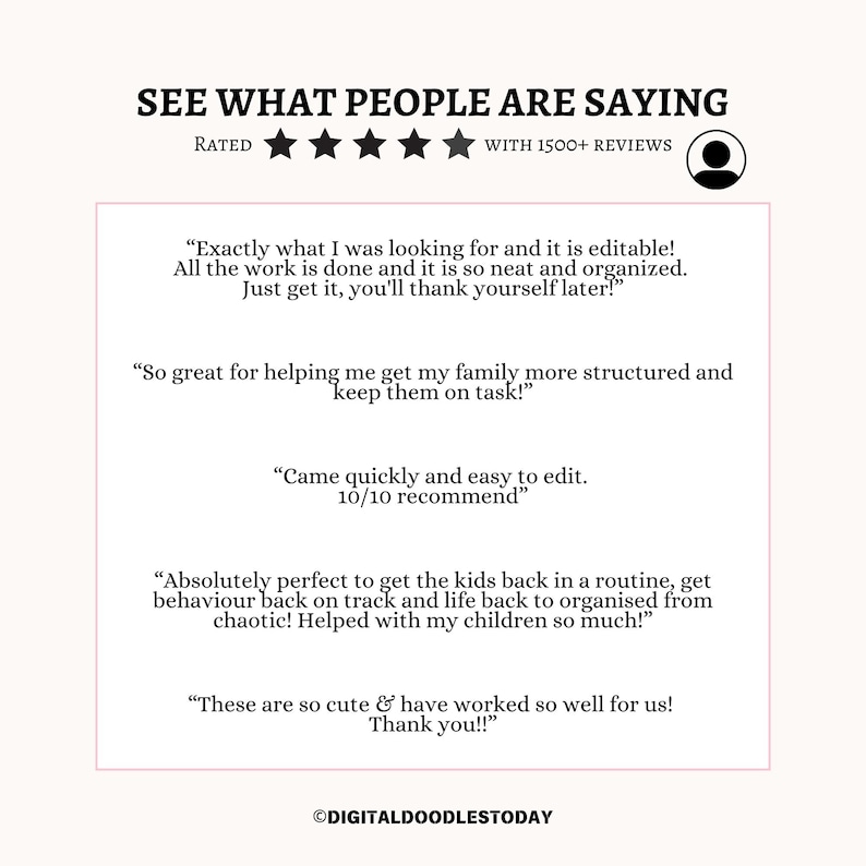 May include: A light pink background with the text "SEE WHAT PEOPLE ARE SAYING" and customer reviews. The reviews are positive and mention the product's editability and organizational benefits. The image includes a rating of five stars.