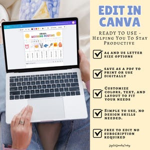 May include: A laptop screen showing a morning routine chart with icons and the text "Olivia's Morning Routine." The screen also displays the text "Edit in Canva" and bullet points about the product.