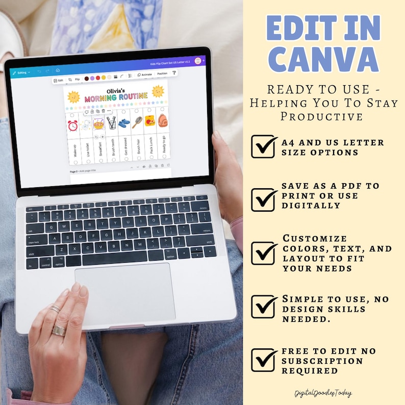 May include: A laptop screen showing a morning routine chart with icons and the text "Olivia's Morning Routine." The screen also displays the text "Edit in Canva" and bullet points about the product.