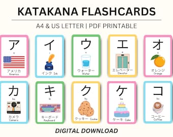 Japanese Katakana Flashcards, Katakana Printable Flashcards, Japanese Alphabet Flashcards, Digital Download PDF Printable Japanese Flashcard