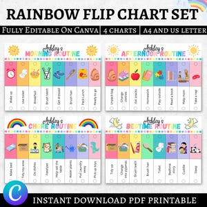 May include: Rainbow flip chart set with four charts: morning, afternoon, chore, and bedtime routines. Each chart features colorful illustrations and text labels for daily activities. The set is fully editable on Canva and available in A4 and US Letter sizes.