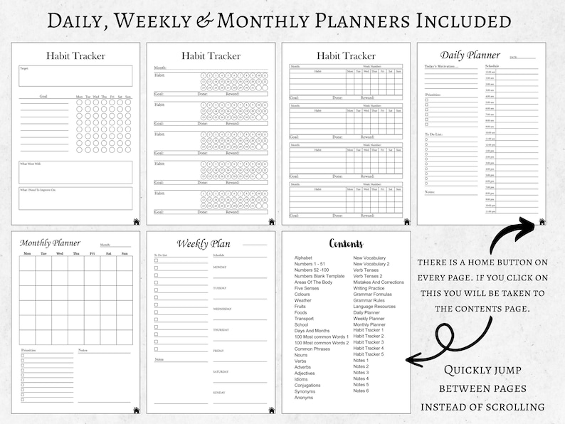 May include: Black and white printable planner pages with sections for daily, weekly, and monthly planning.  The pages include habit trackers, a daily planner, a weekly planner, and a monthly planner.  The pages also include a contents page with a list of topics.