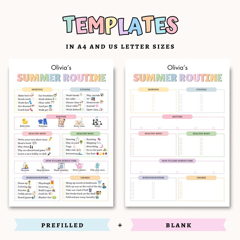 Summer Routine Blank Summer Daily Visual Routine Chart Kids | Editable Summer Chore Schedule ...