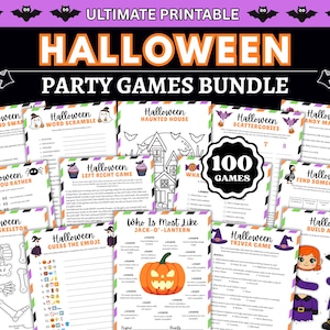 May include: A collection of printable Halloween party game sheets featuring titles like Roll and Swap, Word Scramble, Haunted House, Scattergories, Candy Match Up, Would You Rather, Left Right Game, Find Someone Who, Build a Skeleton, Guess the Emoji, Who Is Most Like Jack-O-Lantern, and Trivia Game, with a central badge stating 100 Games.