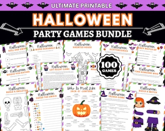 Może przedstawiać: Kolekcja arkuszy z grami na Halloween do druku, zawierająca tytuły takie jak Roll and Swap, Word Scramble, Haunted House, Scattergories, Candy Match Up, Would You Rather, Left Right Game, Find Someone Who, Build a Skeleton, Guess the Emoji, Who Is Most Like Jack-O-Lantern oraz Trivia Game, z centralną odznaką z napisem 100 Games.