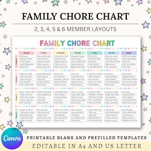 Könnte beinhalten: Eine farbenfrohe Familien-Aufgabentabelle mit Wochenlayout für 2, 3, 4, 5 und 6 Mitglieder. Die Tabelle ist in Wochentage unterteilt, mit verschiedenen Aufgaben, die für jede Person aufgelistet sind.