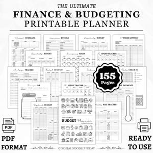 Peut inclure: Une collection de pages de planificateur financier et budgétaire imprimables en noir et blanc avec divers suivis, tableaux et un graphique de pot d'épargne. Le texte indique THE ULTIMATE FINANCE & BUDGETING PRINTABLE PLANNER, 155 Pages.