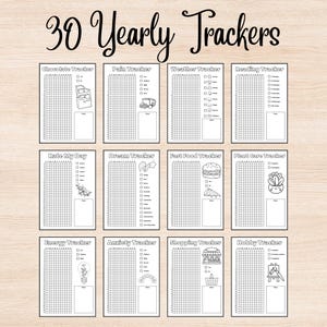 2025 Bullet Journal Trackers, Undated, Yearly trackers bundle, BUJO Planner with doodles to color and track goals around the year