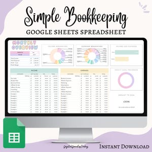 以下が含まれることがあります： 「Simple Bookkeeping」というタイトルのGoogle Sheetsスプレッドシートが表示されたコンピューターモニター。 スプレッドシートには、収入、支出、月次概要のセクションが含まれています。 カラフルな円グラフとプログレスバーも表示されます。