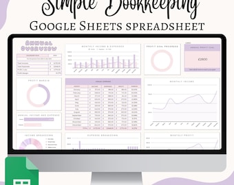 May include: A computer screen displaying a Google Sheets spreadsheet with a pink and purple color scheme. The spreadsheet is titled "Simple Bookkeeping" and includes charts and graphs for tracking income, expenses, and profit. The spreadsheet also includes a section for setting a profit goal and tracking progress towards that goal.