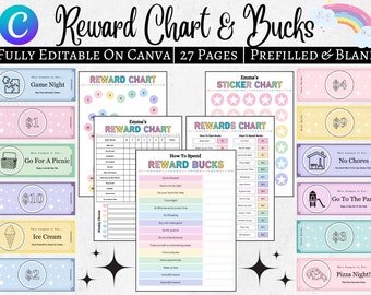 Editable Kids reward bucks and chart,Reward coupons for kids,Mom bucks chart printable,Reward system Play money,Rainbow Colorful chore chart