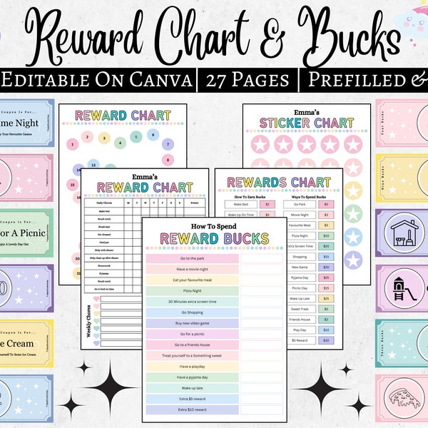 Editable Kids reward bucks and chart,Reward coupons for kids,Mom bucks chart printable,Reward system Play money,Rainbow Colorful chore chart
