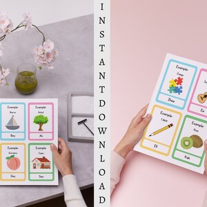 May include: Four sets of flashcards with colorful borders and illustrations. Each card has a word and an example image. The words are "Bey", "Ah", "Dey", "Sey", "Zhee", "Ee", "El", "Kah".