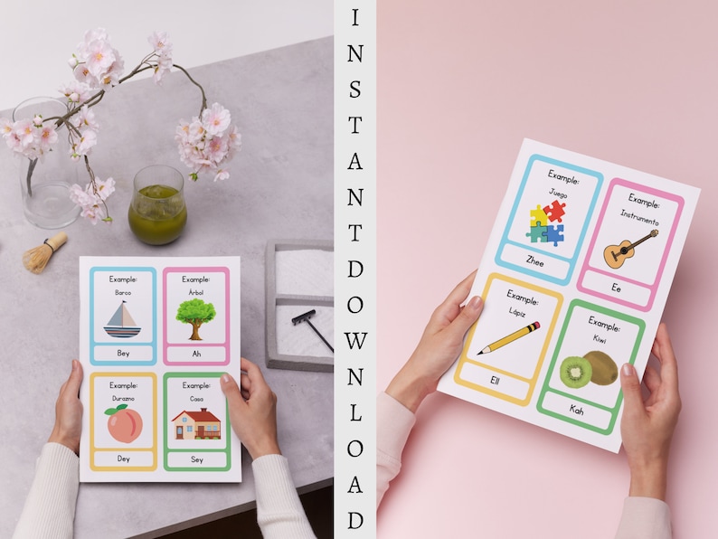 May include: Four sets of flashcards with colorful borders and illustrations. Each card has a word and an example image. The words are "Bey", "Ah", "Dey", "Sey", "Zhee", "Ee", "El", "Kah".