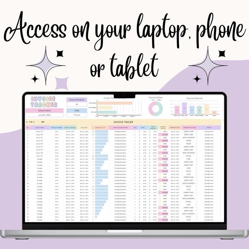May include: A laptop displaying an invoice tracker spreadsheet. The screen shows data tables, charts, and the text "Invoice Tracker." Above the screen, the text reads "Access on your laptop, phone or tablet."