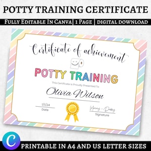 編集可能なトイレトレーニング証明書、トイレトレーニングトラッカー、幼児向け。子供のトイレトレーニング、Canva Kids、PDFデジタルダウンロード、男の子向け、女の子向け