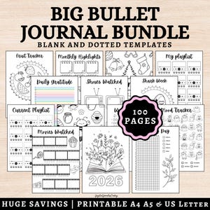 2026年ジャーナルプランナーダウンロード、2026年プランナーバンドル、既製のバレットジャーナル月間年間トラッカーPDF、気分トラッカー、読書、フィットネス、習慣A5