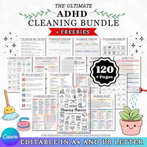 Peut inclure: Un ensemble de nettoyage numérique pour TDAH comprenant 120 pages de planificateurs, de suivis et de listes de contrôle imprimables, incluant des guides de lessive, un bingo de nettoyage et des plannings. Modifiable en A4 et US Letter.