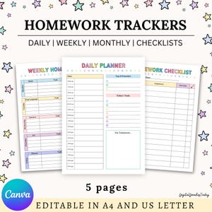 May include: A set of printable homework trackers with a colorful design. The image includes daily, weekly, and monthly planners, and checklists. The text on the image says "Homework Trackers" and "Editable in A4 and US Letter".