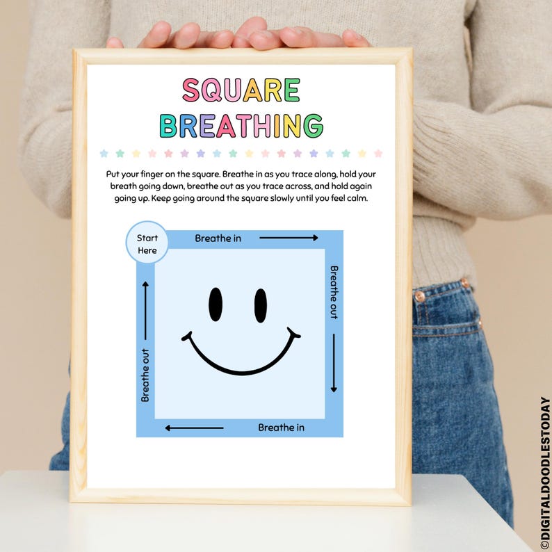 May include: A framed print with the words "SQUARE BREATHING" in colorful letters. The print features a blue square with a smiley face and arrows indicating breathing directions. Text explains the breathing exercise.