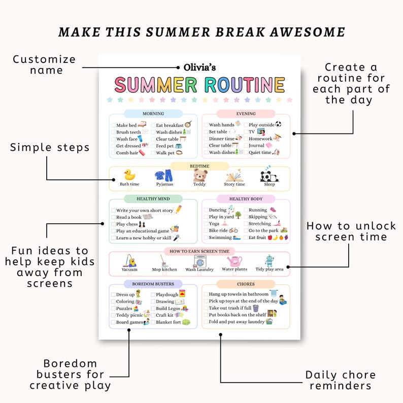 Editable Summer Daily Routine Kids | Summer Chore Chart Schedule ...