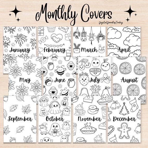 12 monthly planner cover pages bundle journal printable bujo pre-made,Monthly dashboard,Monthly title pages coloring journal insert template