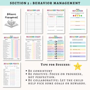 May include: A collection of printable behavior management charts and trackers. Includes a behavior log, tracker, chart, warning chart, consequences chart, and behavior ladder. The text includes "Behavior Management" and "Tips for Success".