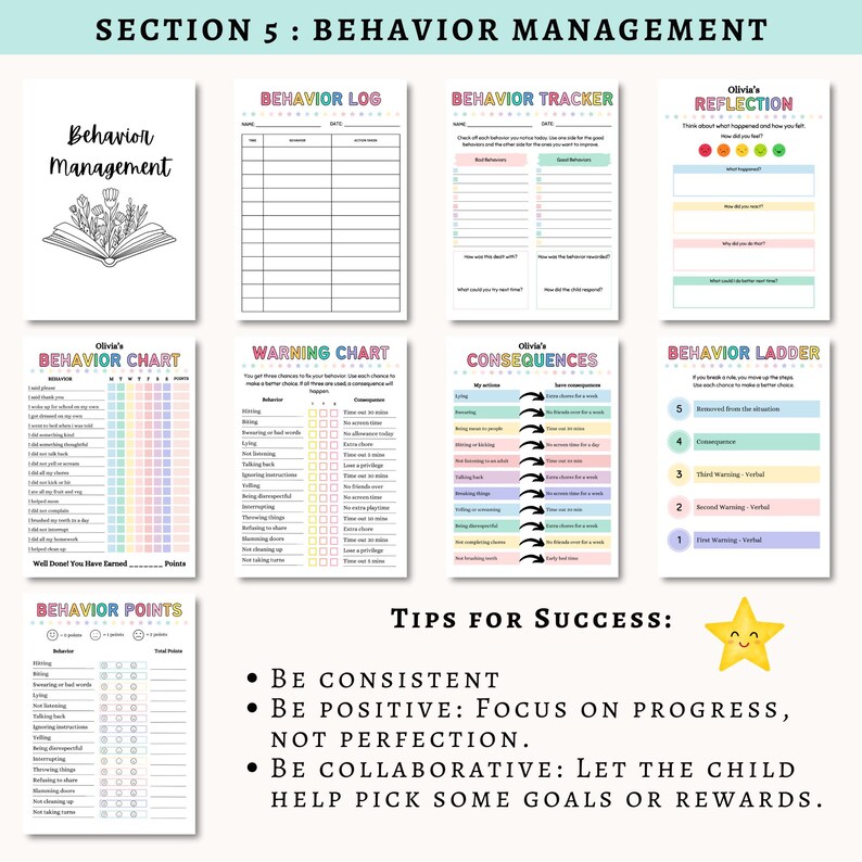 May include: A collection of printable behavior management charts and trackers. Includes a behavior log, tracker, chart, warning chart, consequences chart, and behavior ladder. The text includes "Behavior Management" and "Tips for Success".