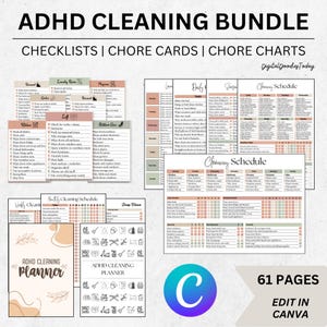 Editable ADHD Cleaning Checklist Bundle, ADHD Cleaning Planner, ADHD Chore Chart, Deep Cleaning Cards, Cleaning Schedule, Family Chore Chart