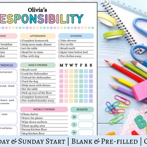 Bewerkbare verantwoordelijkheidstabel voor kinderen | Afdrukbaar | Dagelijks weekschema voor kinderen | Takenlijst voor kinderen | Checklist dagelijkse routine voor kinderen | Pdf
