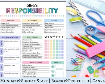 Editable Responsibility Chore Chart for Kids | Printable | Kids Daily Weekly Schedule | Kids Chore List | Kids Daily Routine Checklist | PDF