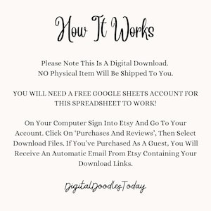 May include: A digital download information sheet with the title "How It Works" in elegant script. The text explains the digital download process, including the need for a Google Sheets account and how to access the files on Etsy. The seller's name, "Digital Doodles Today," is at the bottom.