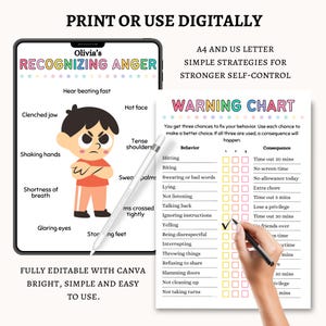 May include: A digital printable featuring a child's illustration and a warning chart. The chart lists behaviors and consequences, with a hand checking a box. Text includes "Recognizing Anger" and "Simple Strategies for Stronger Self-Control."