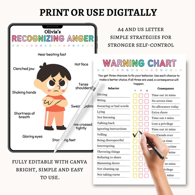 May include: A digital printable featuring a child's illustration and a warning chart. The chart lists behaviors and consequences, with a hand checking a box. Text includes "Recognizing Anger" and "Simple Strategies for Stronger Self-Control."
