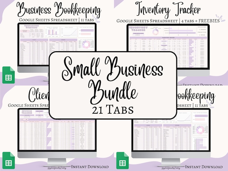 May include: A digital product bundle for small businesses, featuring Google Sheets spreadsheets for business bookkeeping, inventory tracking, and client management. The bundle includes 21 tabs and is available for instant download.